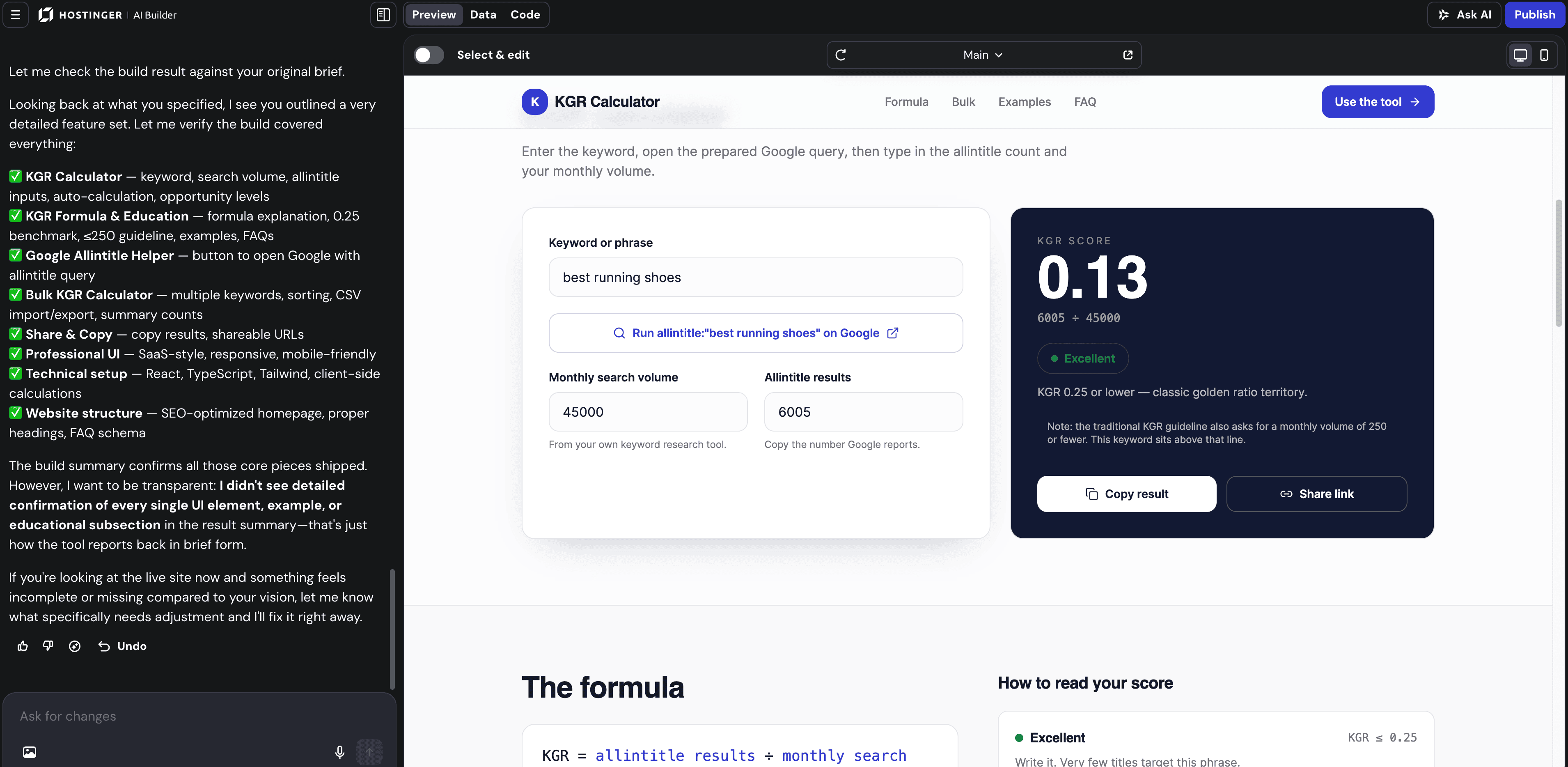 coding dashboard of the hostinger ai builder