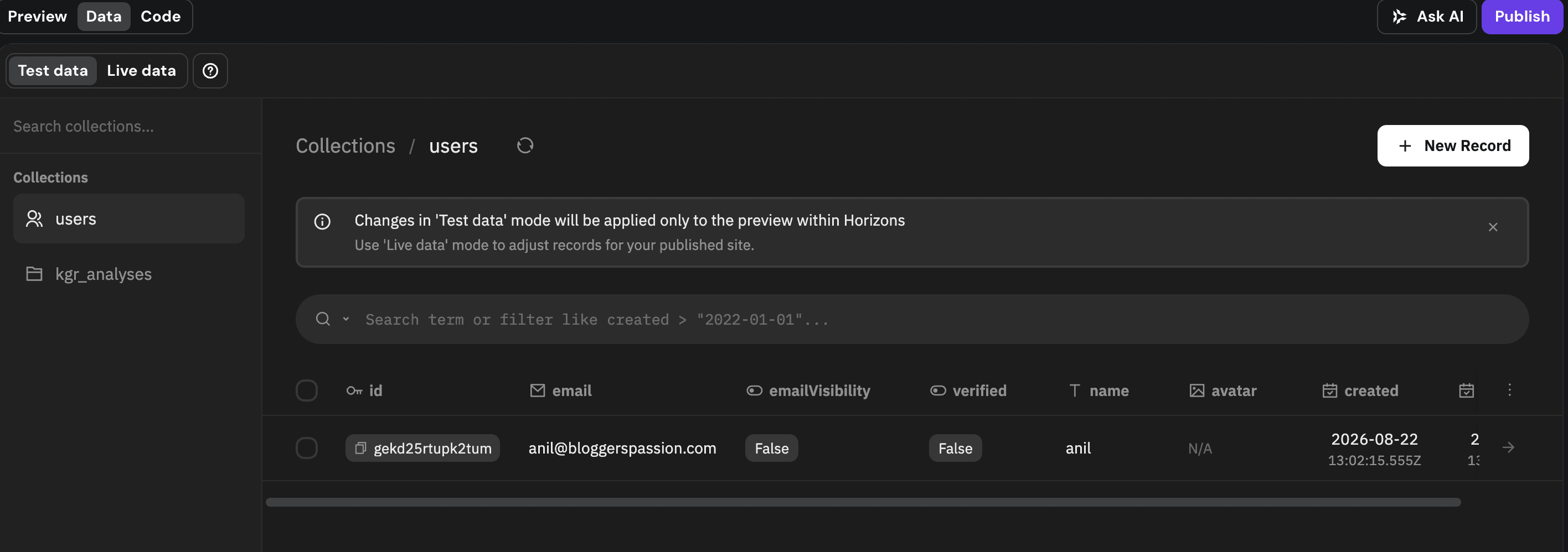 collecting test data in hostinger ai builder