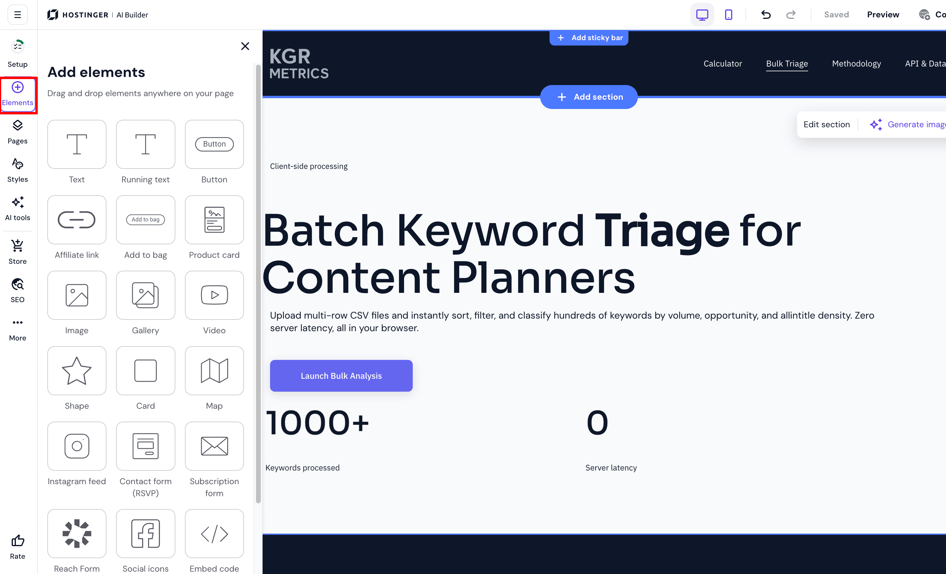 elements menu accessible from the left sidebar