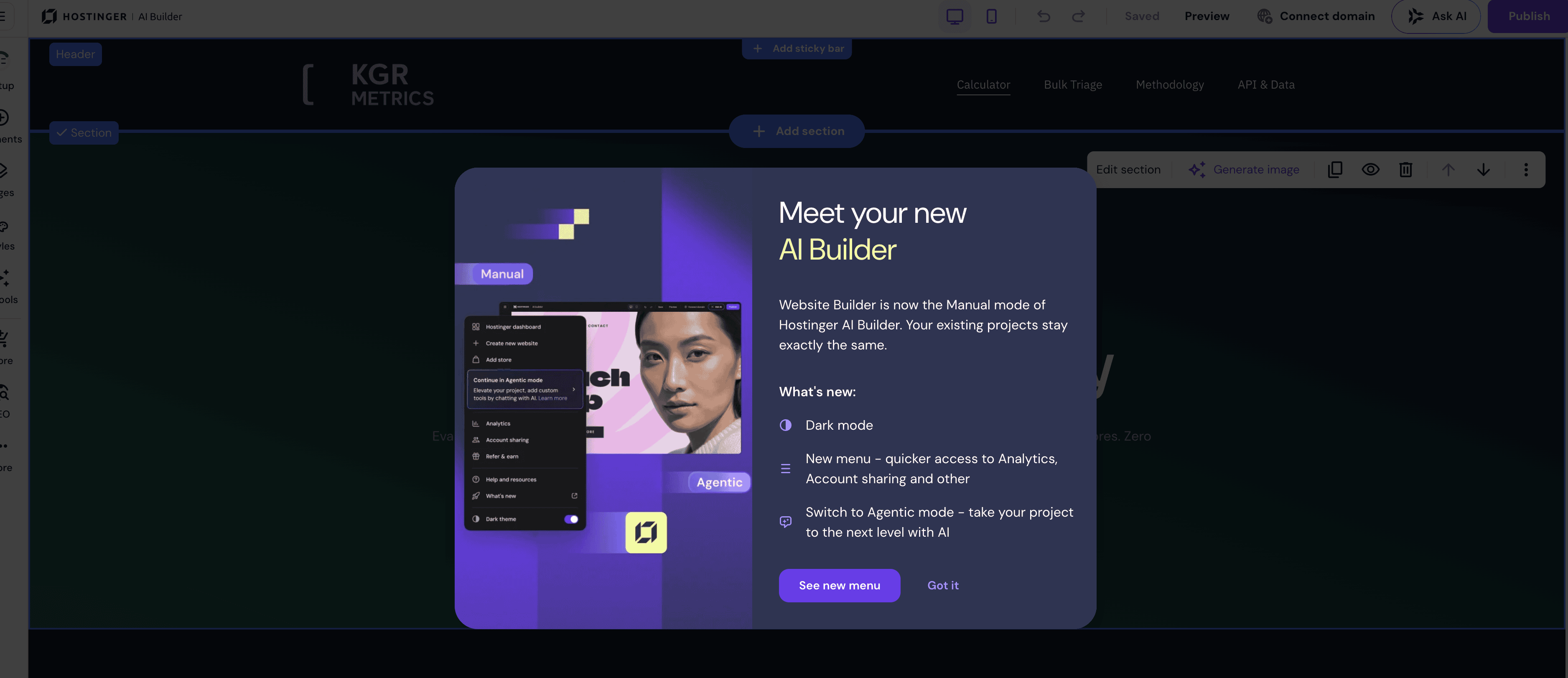 the manual mode of hostinger ai builder