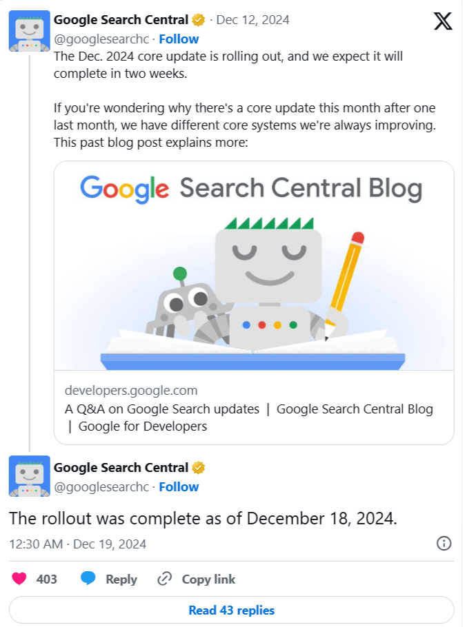 announcement from google search central about december 2024 google core update