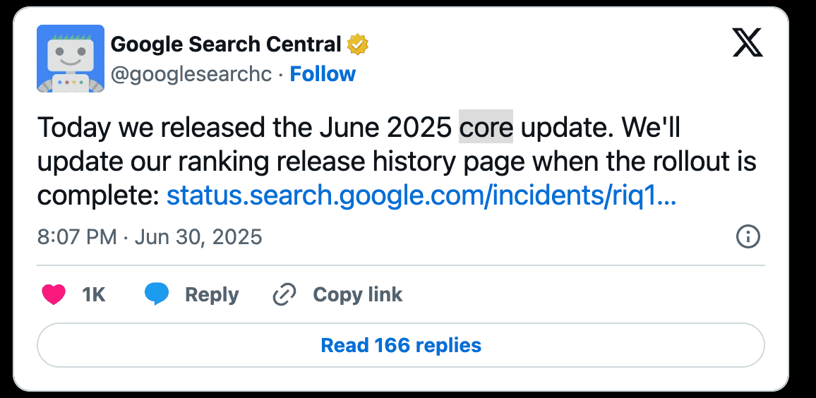 announcement from google search central about june 2025 google core update