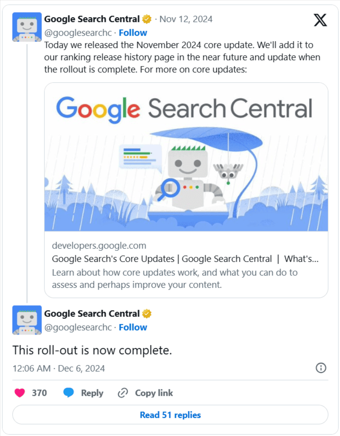 announcement from google search central about november 2024 google core update