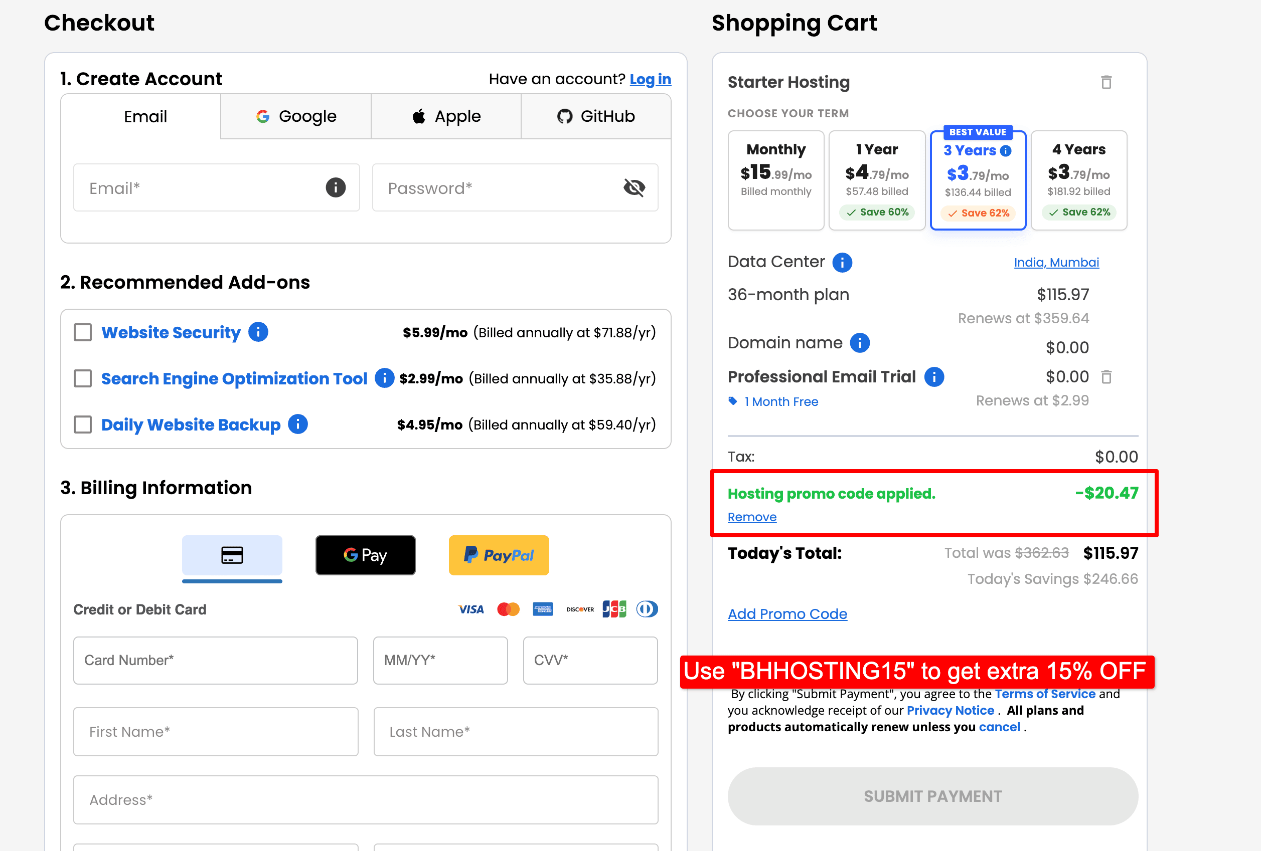 bluehost pricing after claiming the coupon code