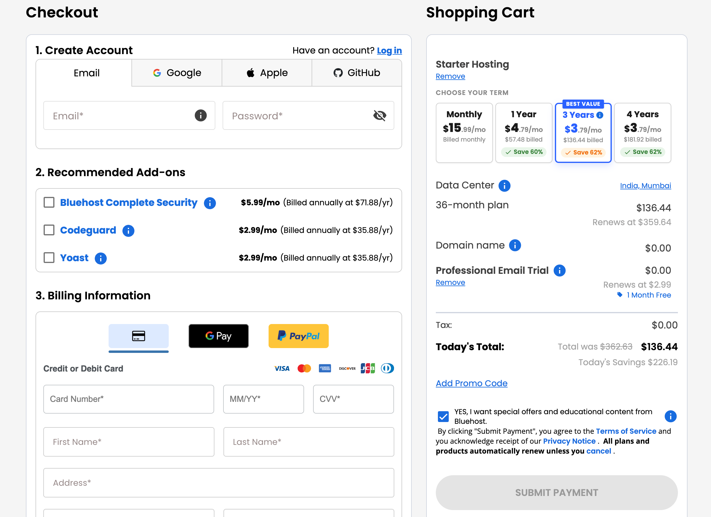 bluehost pricing after coupon code applied