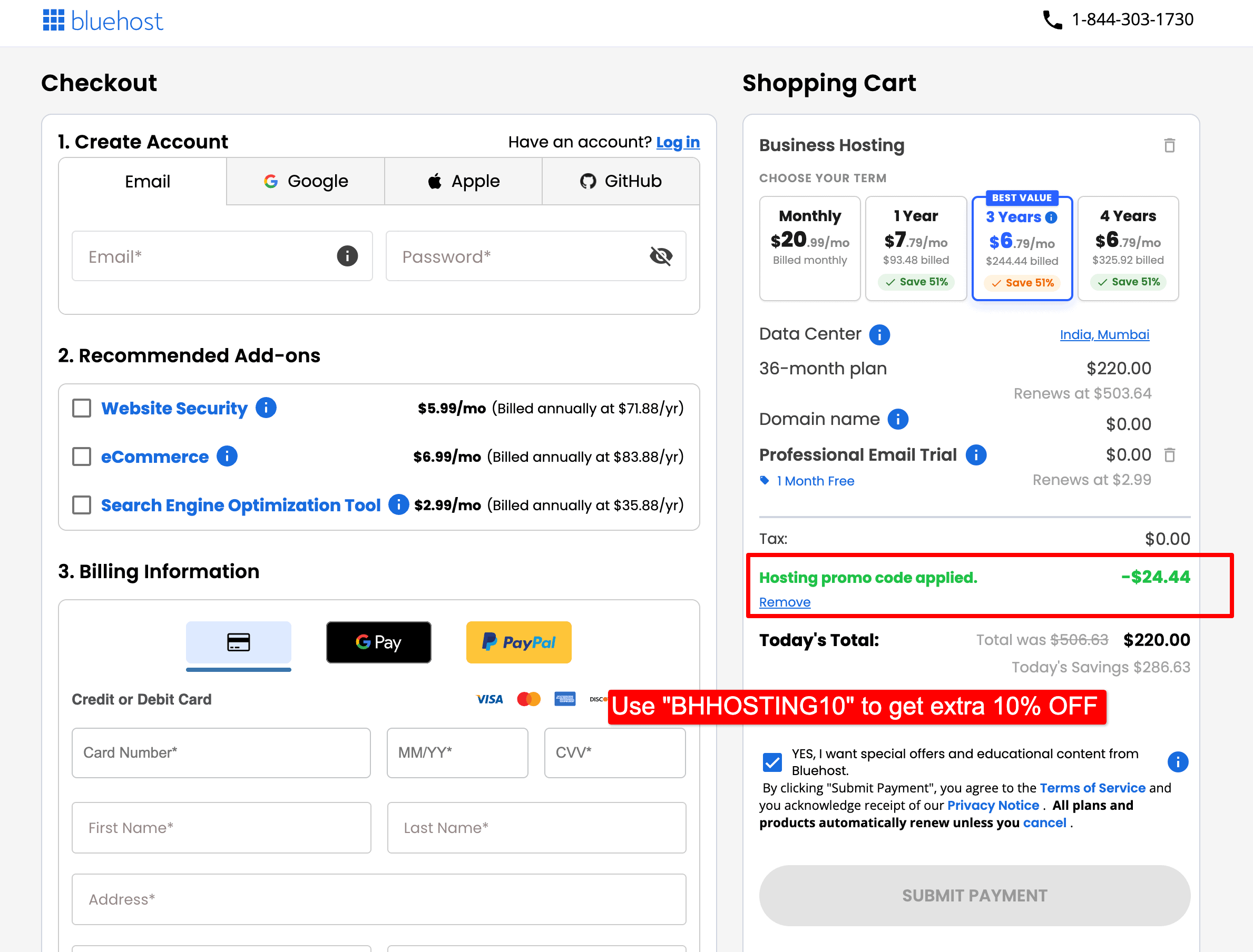 bluehost pricing after coupon code applied
