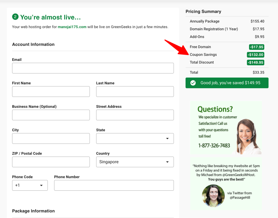 the greengeeks coupon code will apply automatically
