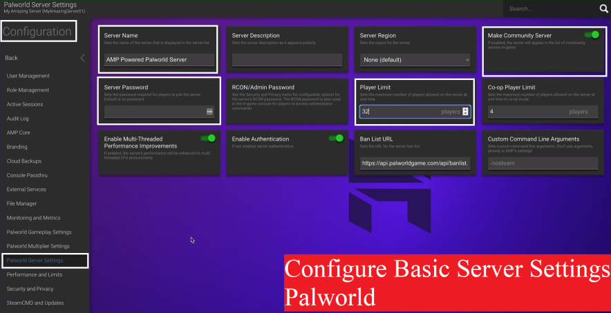 configure basic server settings of palworld