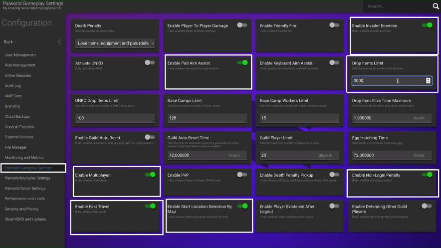 configure palworld gameplay settings