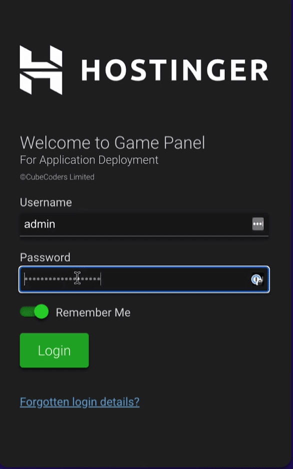 login into hostinger game panel