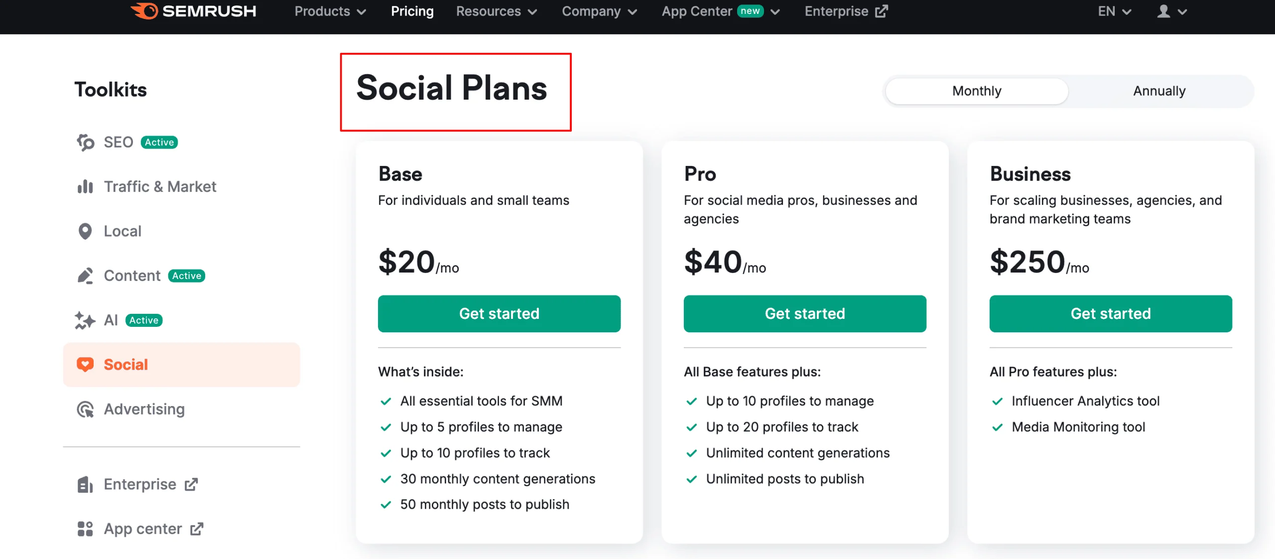 semrush social toolkit plans