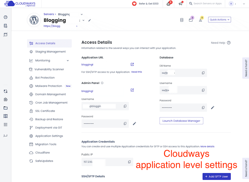 cloudways application level settings