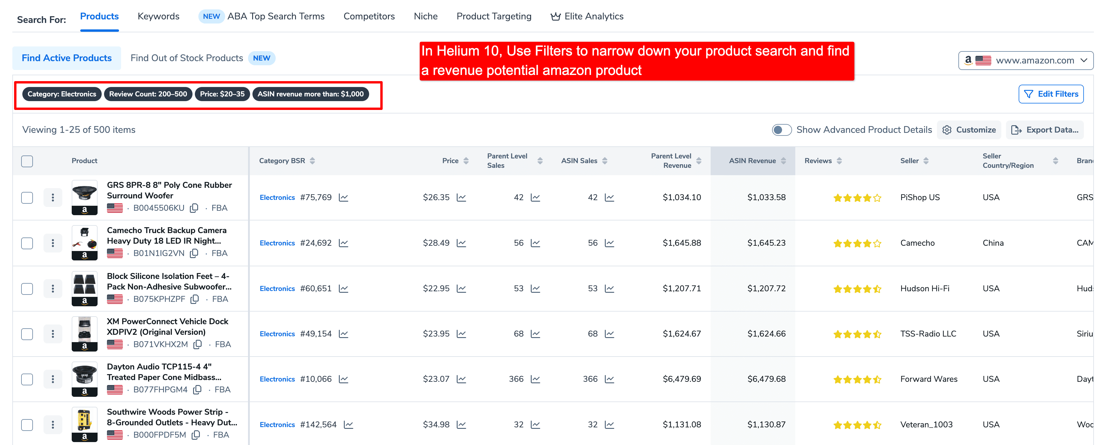In Helium 10, Use filters to narrow down your product search and find a revenue potential amazon product