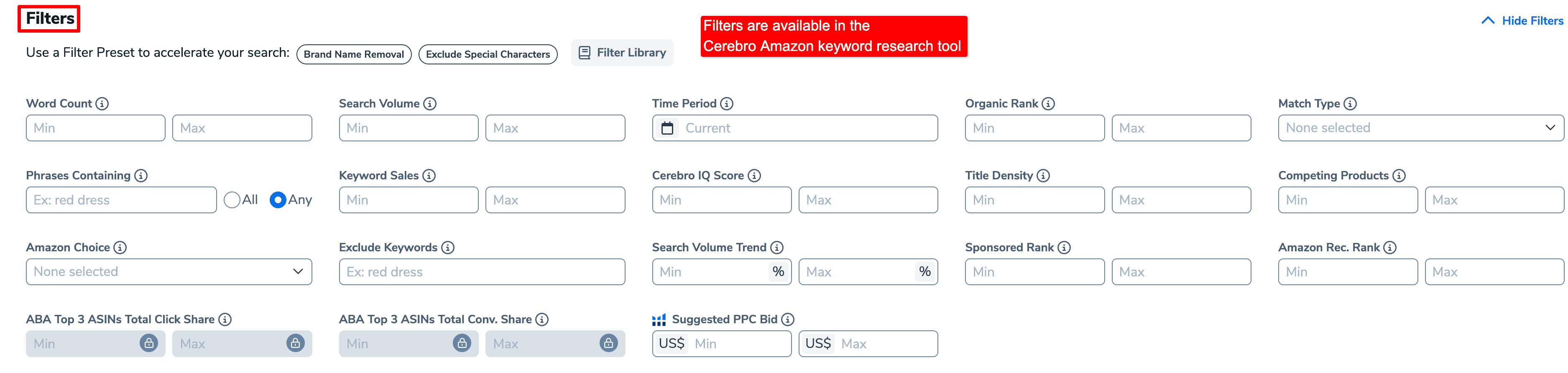 filters are available in the Cerebro amazon keyword research tool
