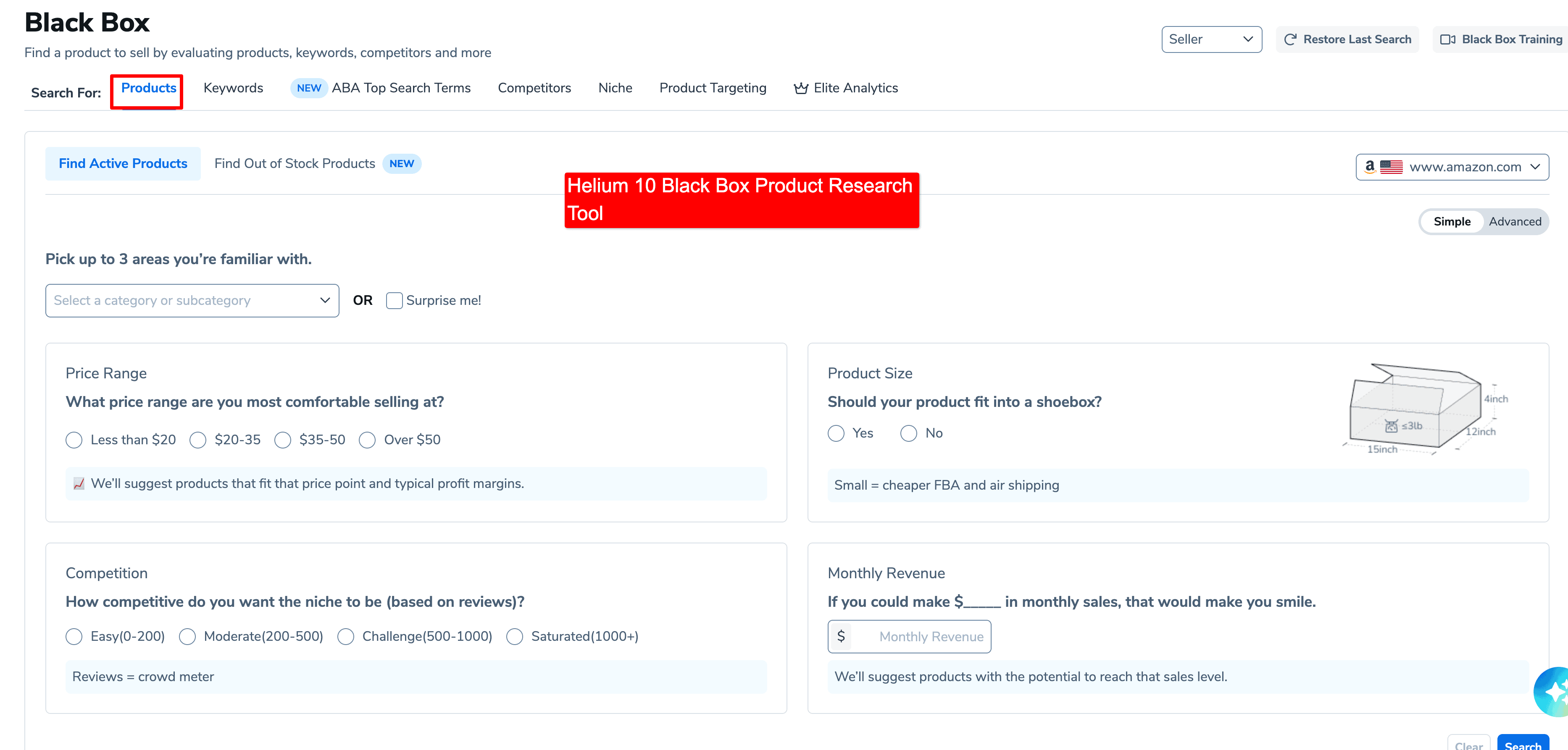 helium 10 black box product research tool
