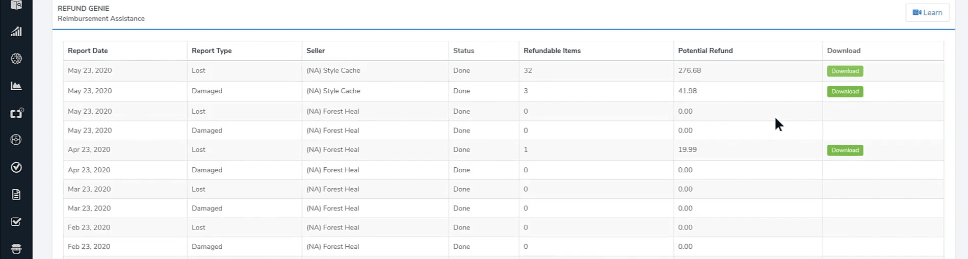 helium 10 - refund genie tool dashboard
