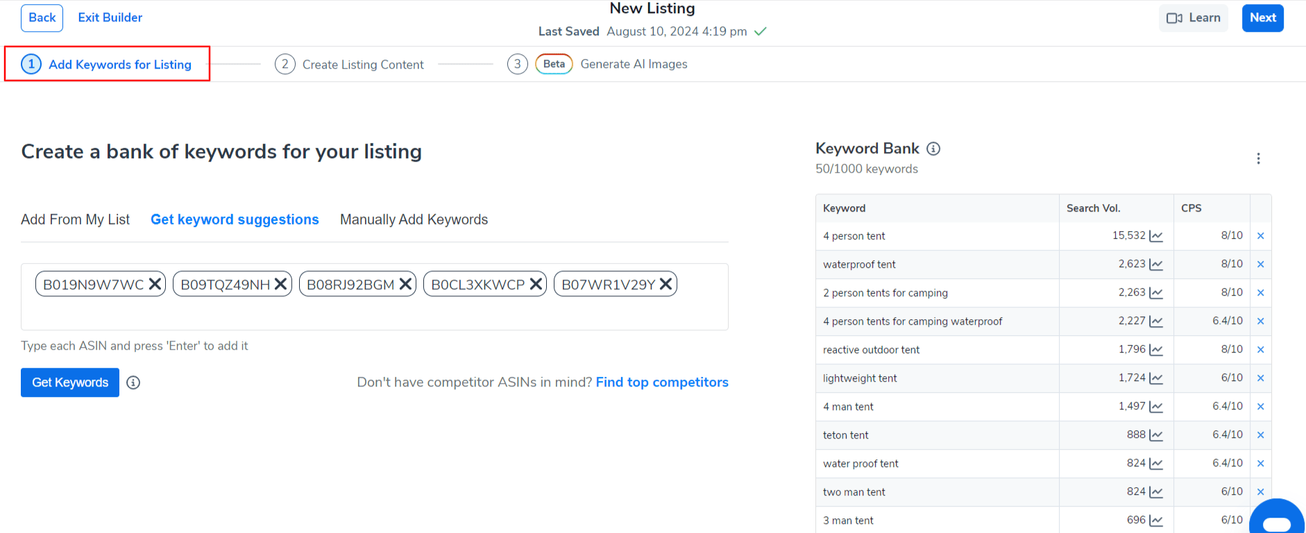 step 1 in listing builder