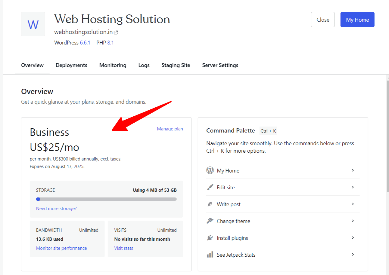 my wordpress.com hosting dashboard