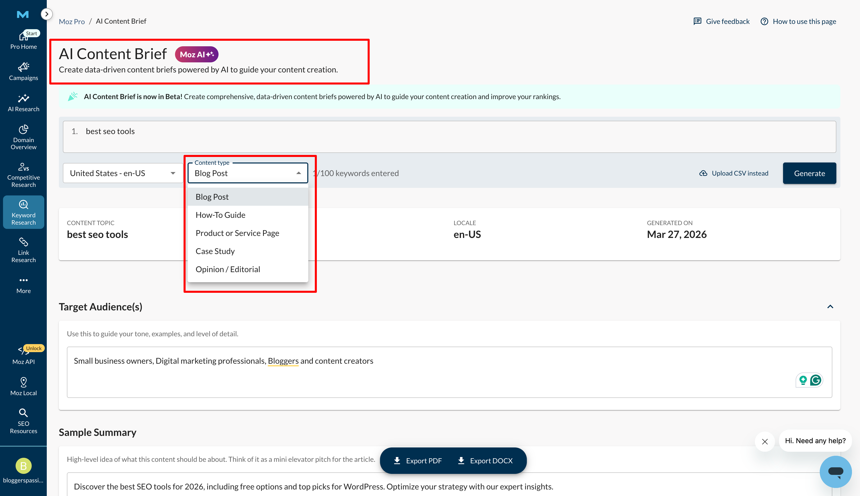 ai content brief in moz