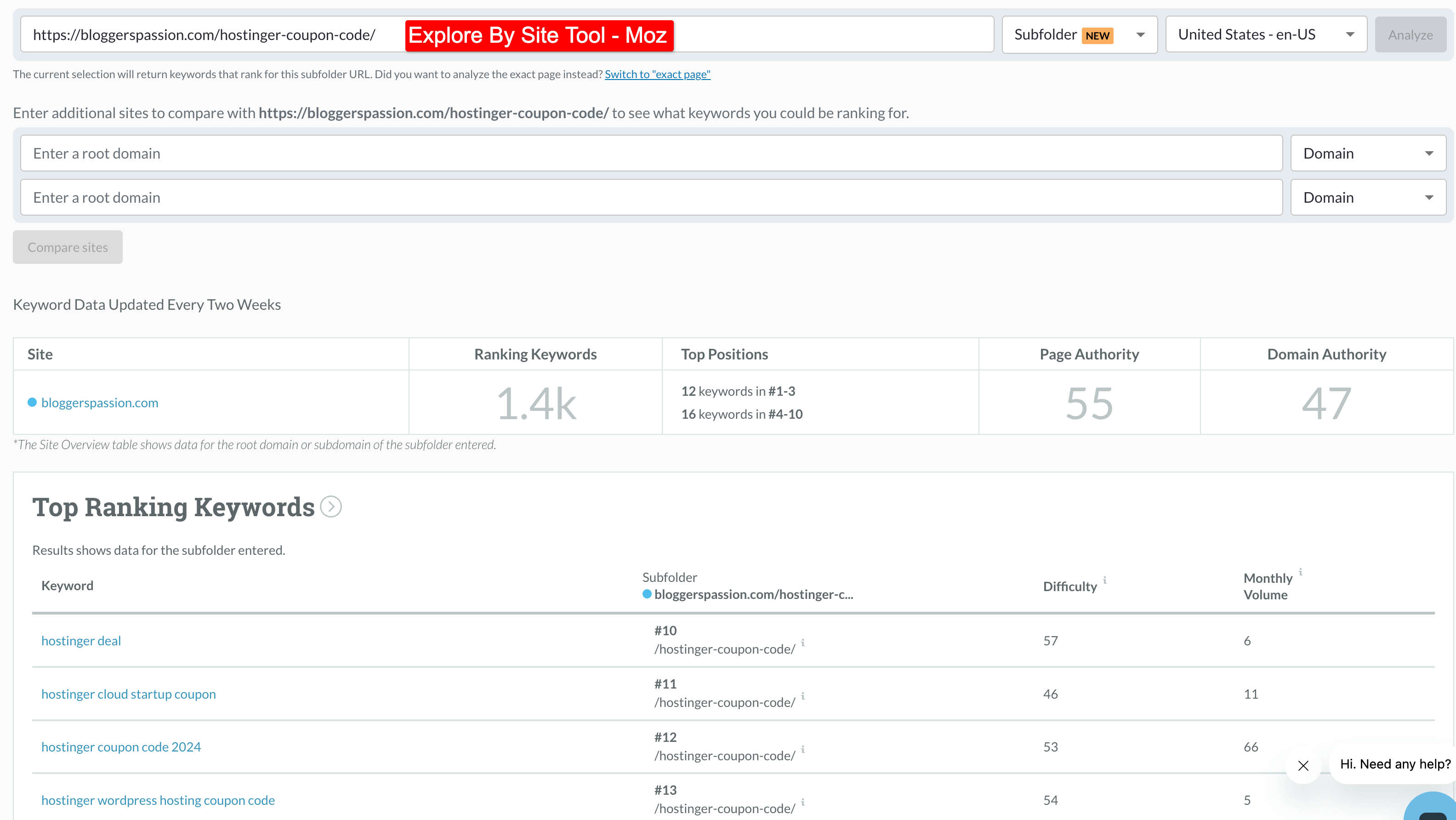 explore by site tool of moz