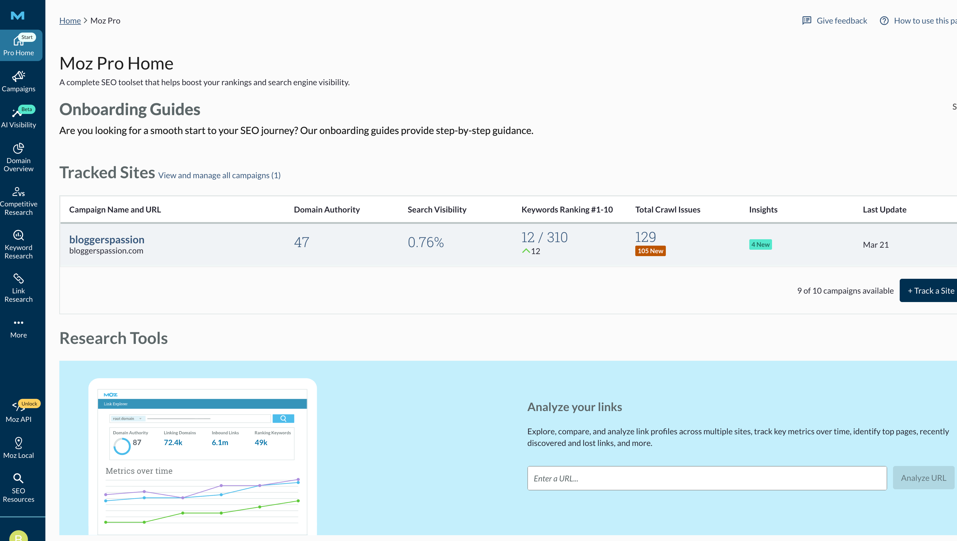 moz main dashboard