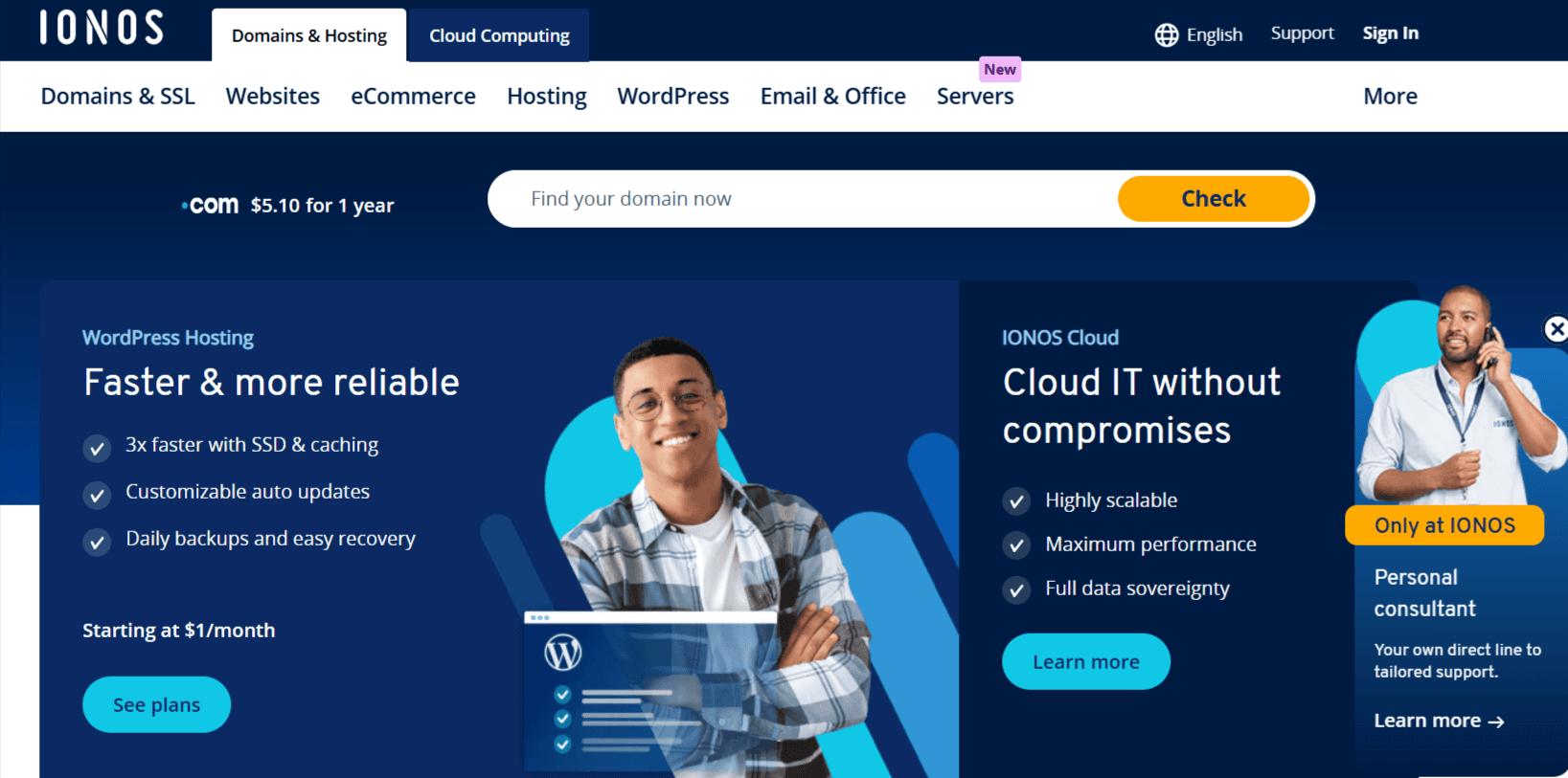 4. Ionos - Inexpensive WordPress Hosting for 1 Year ($1/month)