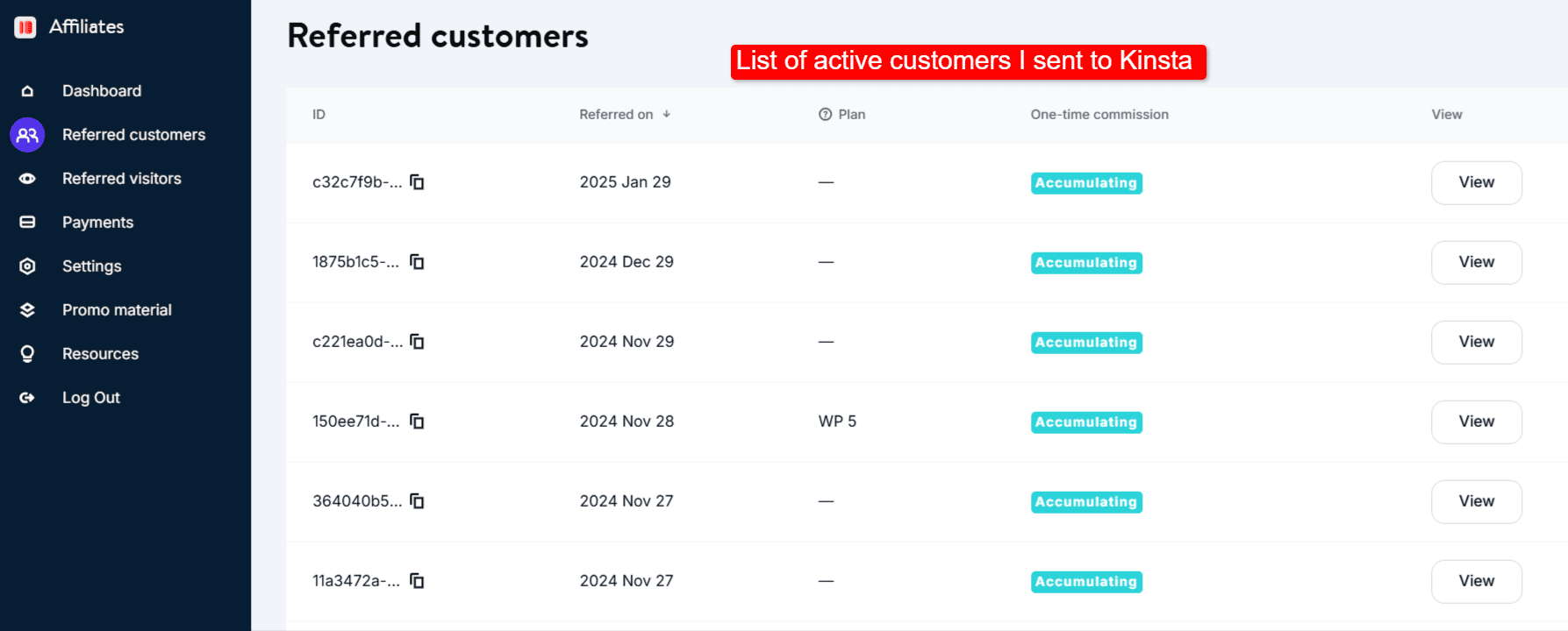 List of active customers I sent to Kinsta