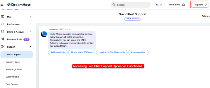 accessing live chat support option via dreamhost hosting dashboard