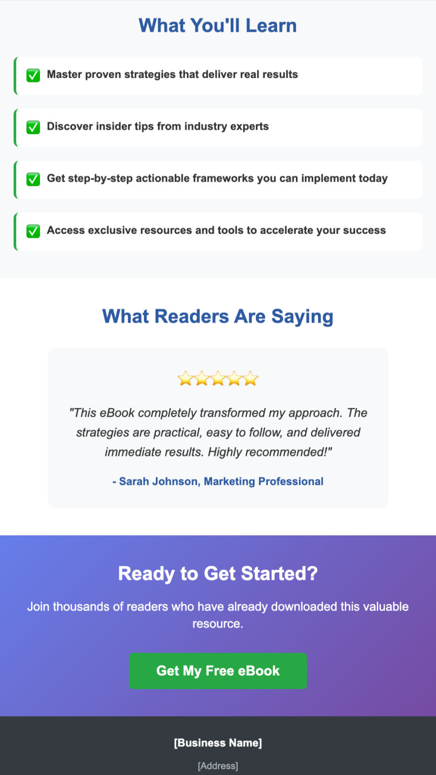2nd screenshot of Reach generated an email landing page template
