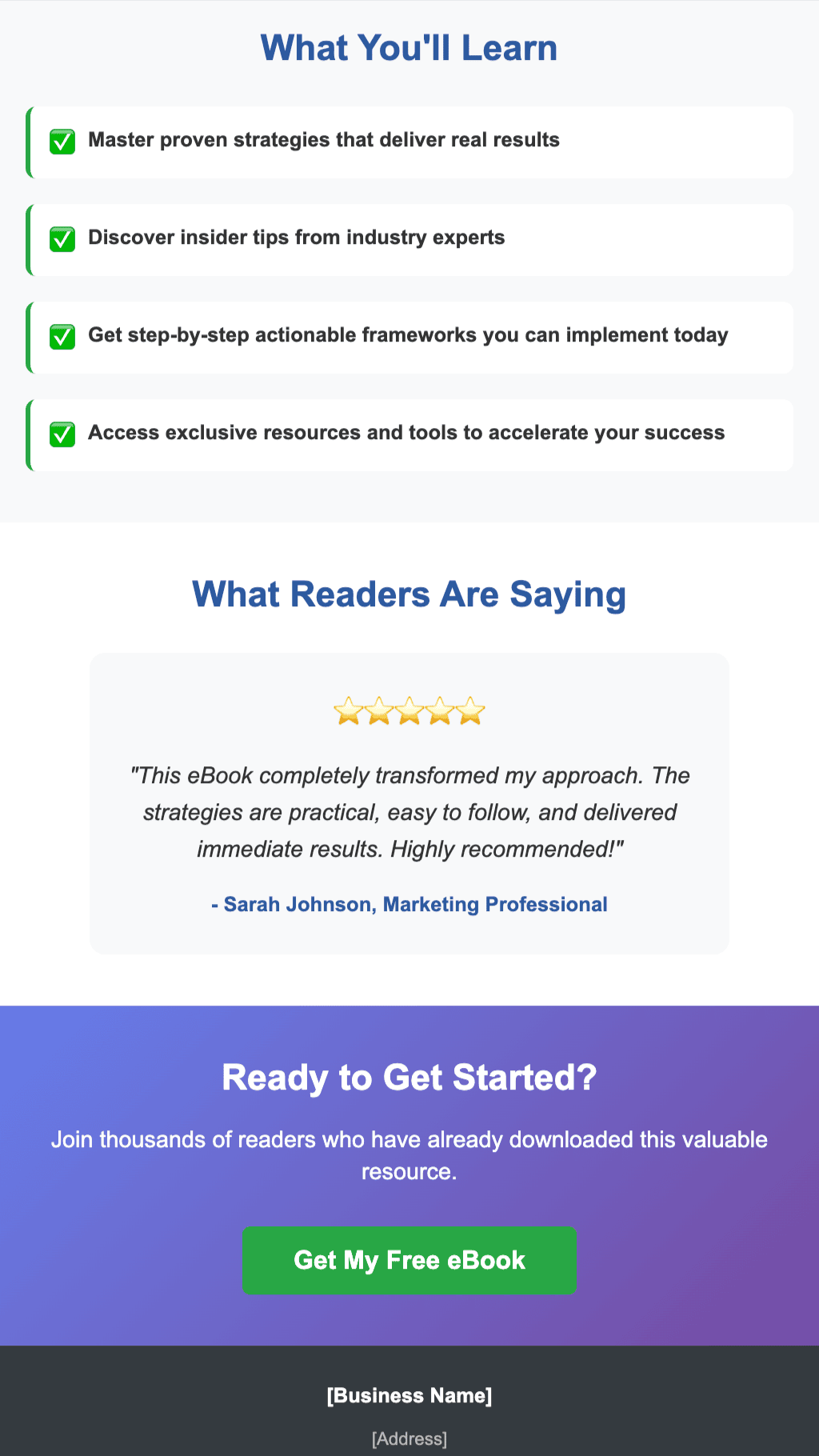 2nd screenshot of Reach generated an email landing page template