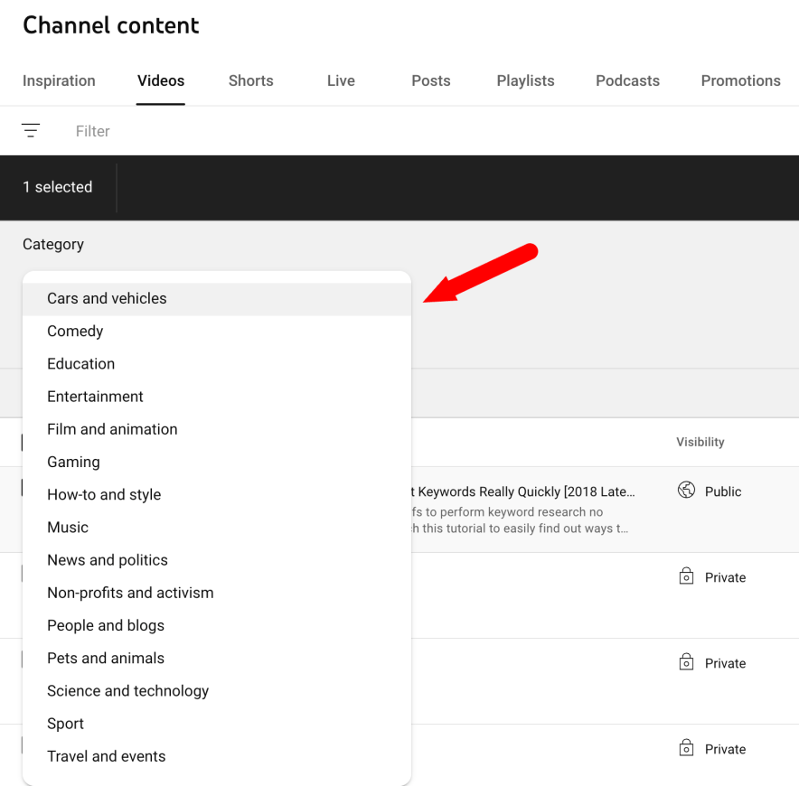 categories on youtube