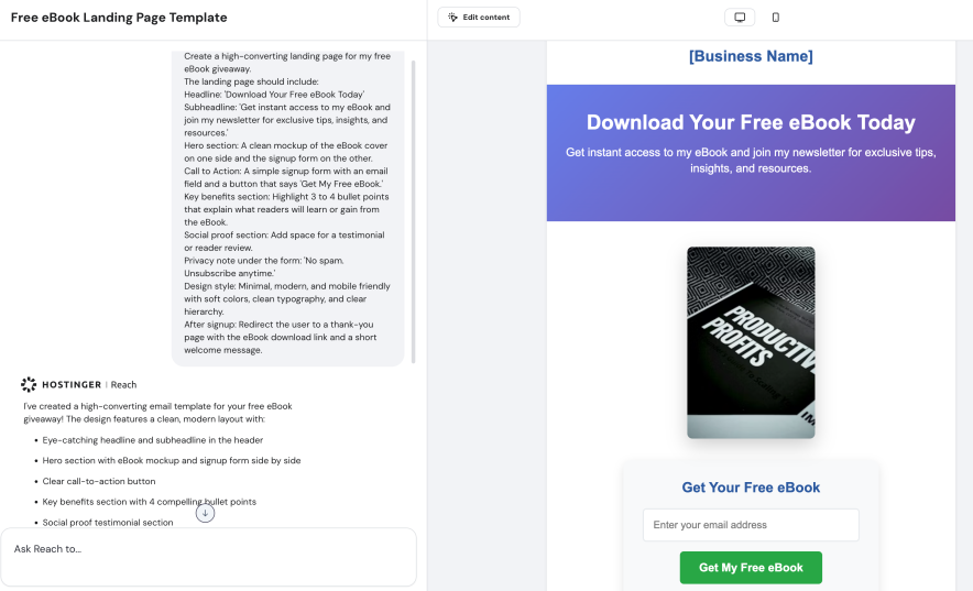 First screenshot of hostinger reach generated an email landing page template