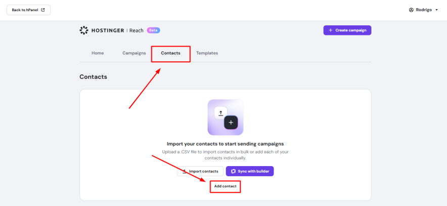 hostinger reach - adding email contacts