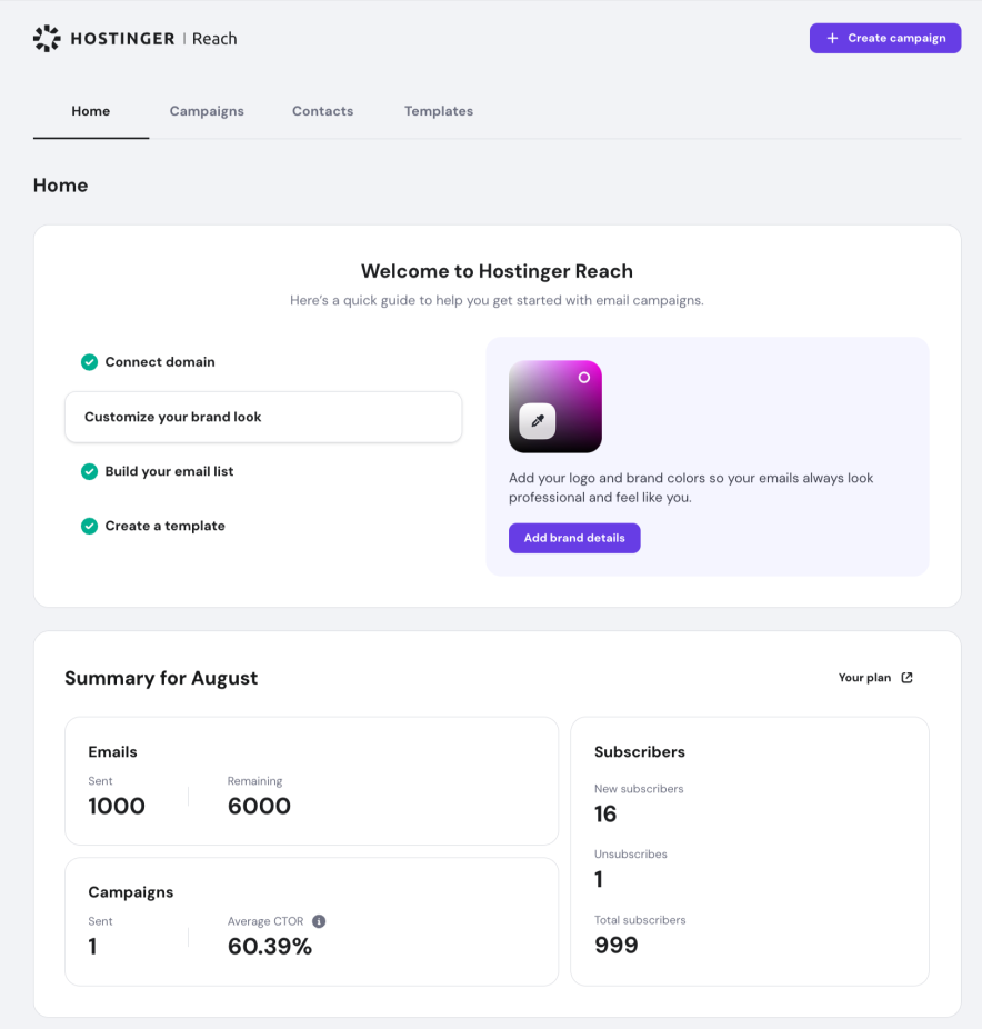 hostinger reach dashboard