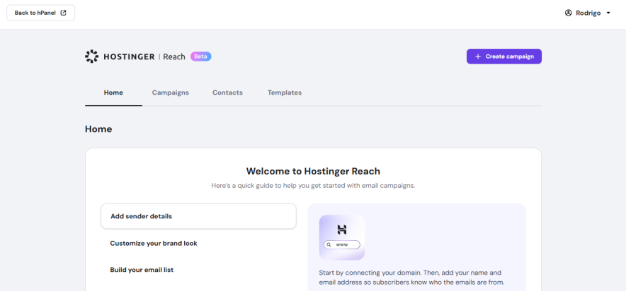 hostinger reach dashboard