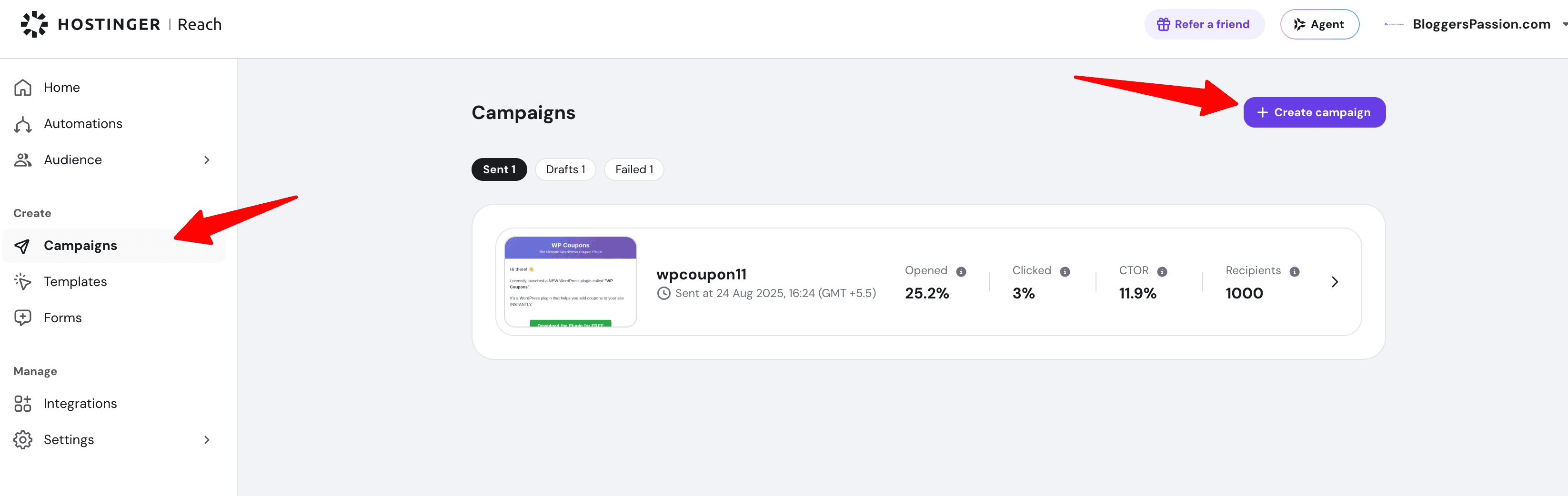 hostinger reach email campaign CREATION