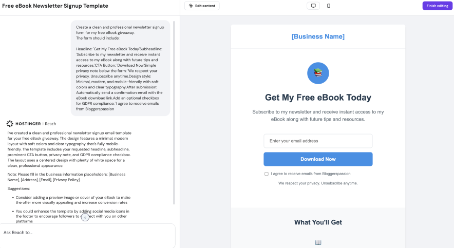 hostinger reach email form template generated