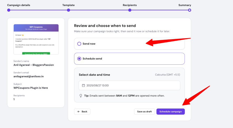Option of Scheduling a email campaign in Hostinger Reach