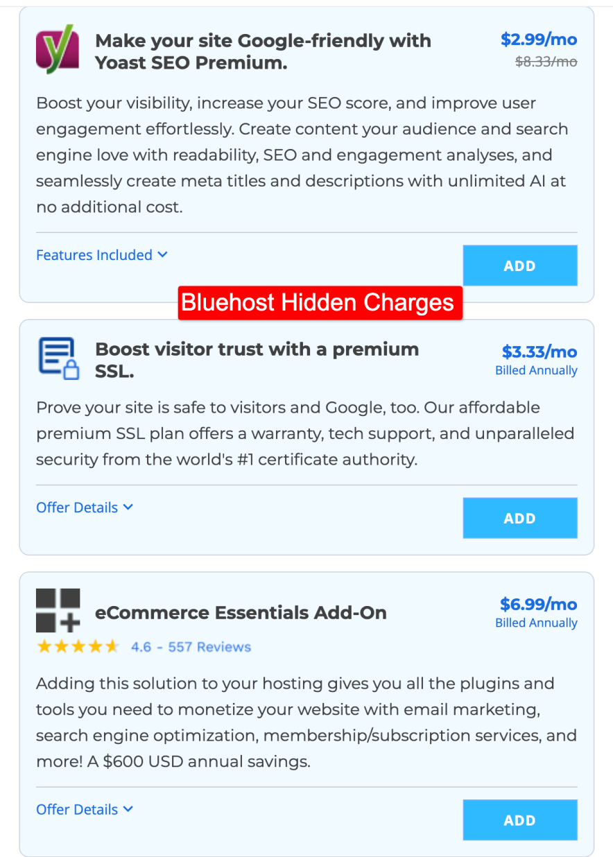 Bluehost hidden charges comes with paid addons