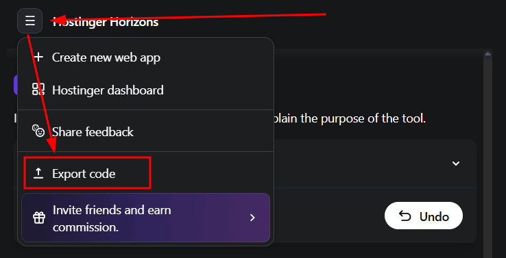 exporting app code in hostinger horizons