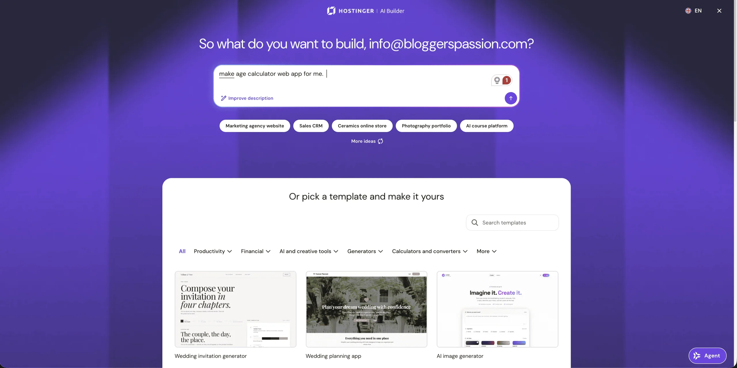 hostinger ai website builder vibe coding tool interface