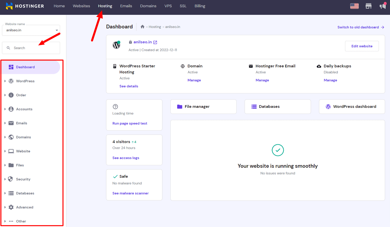 user interface of hostinger