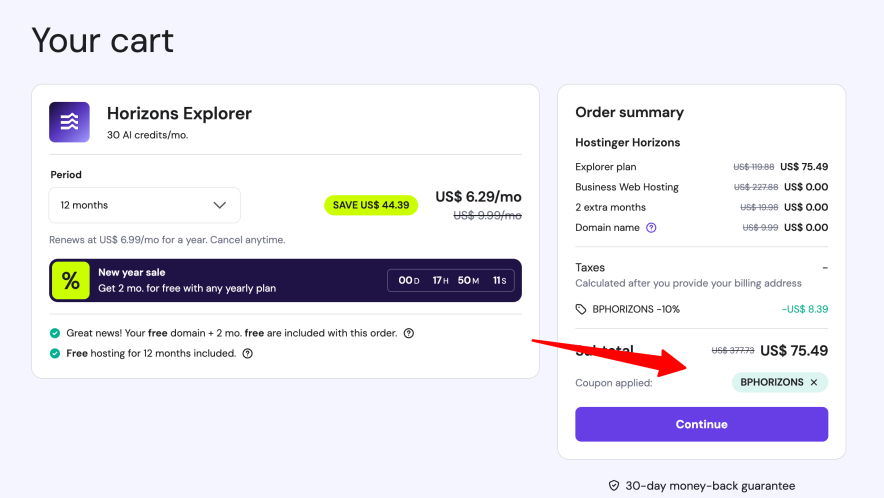 the horizons coupon is applied