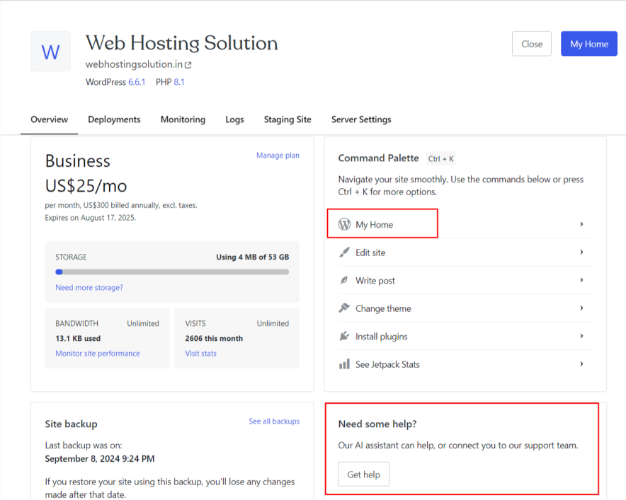 wordpress hosting dashboard
