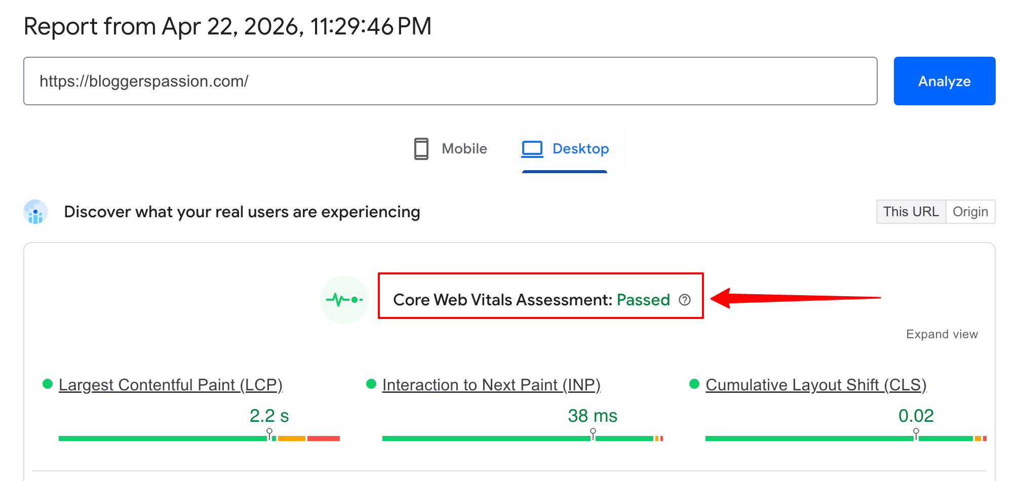 BloggersPassion Core Web Vitals score