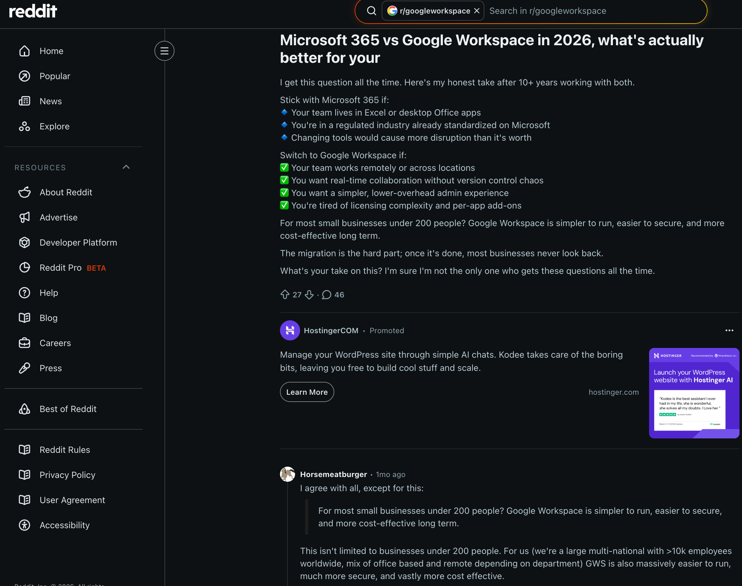 on reddit one user shared the experience of using both microsoft 365 and google workspace