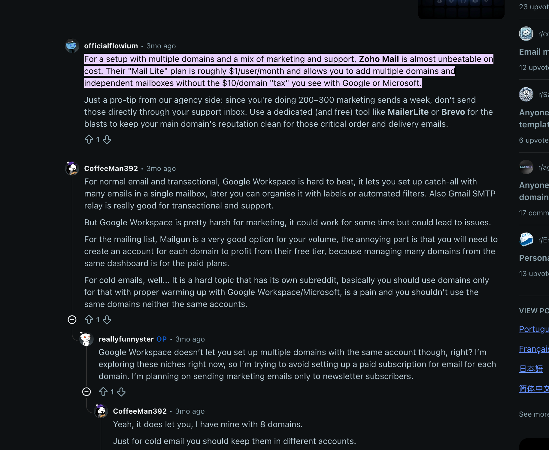 one user shared the views on reddit about zoho email hosting