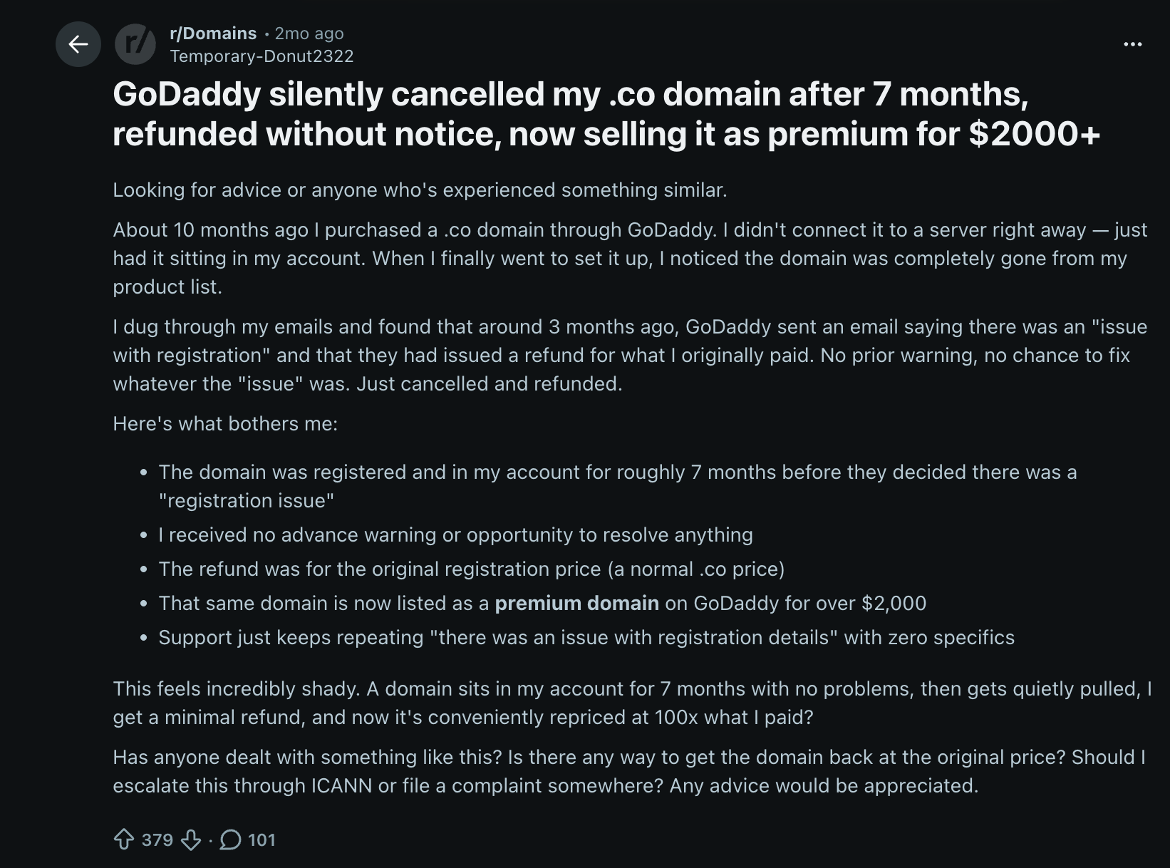 the cheap trick of godaddy shared on reddit by a user