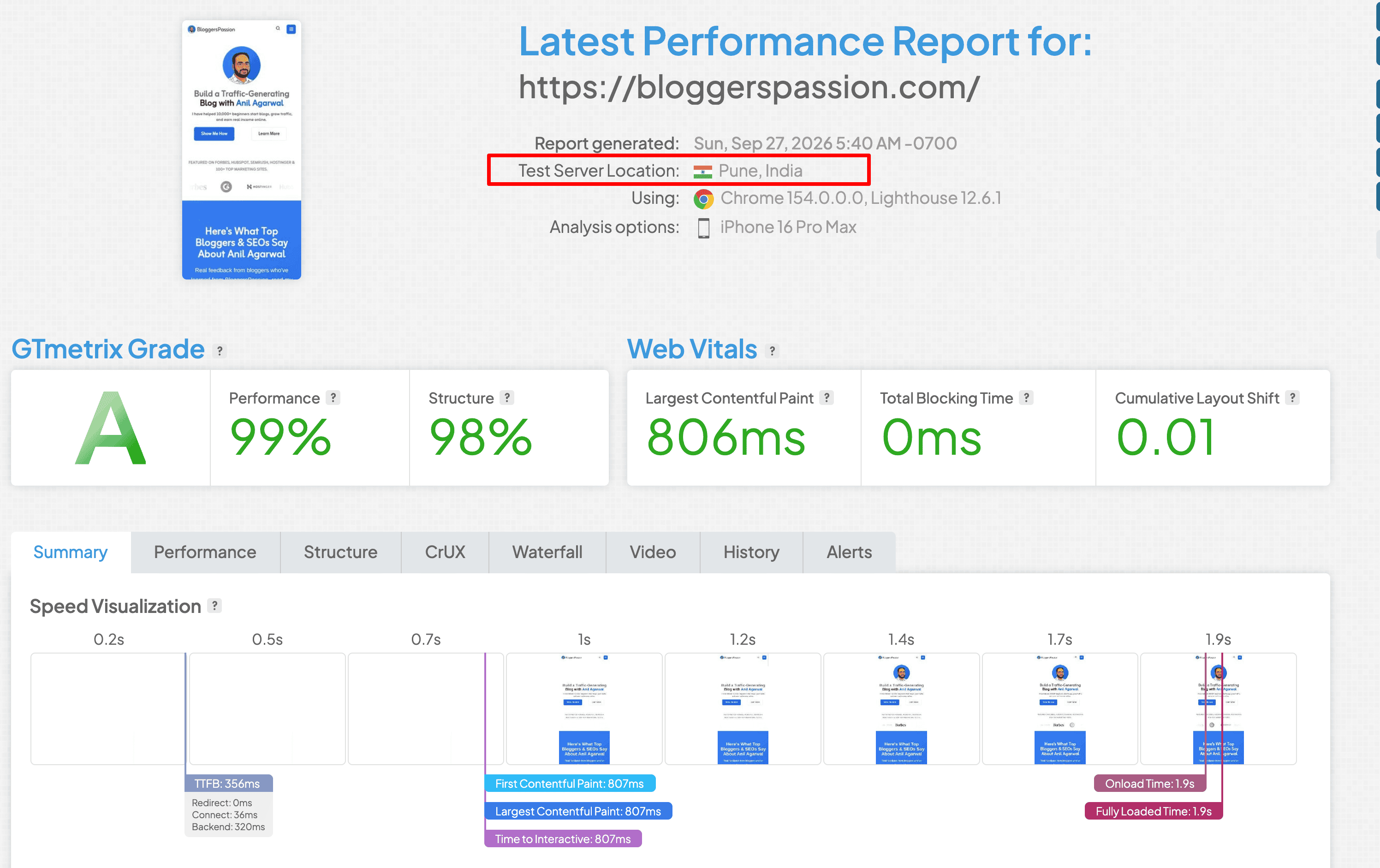 My BloggersPassion Site Loading Speed Tested from a Pune (Indian) data center on an iPhone device