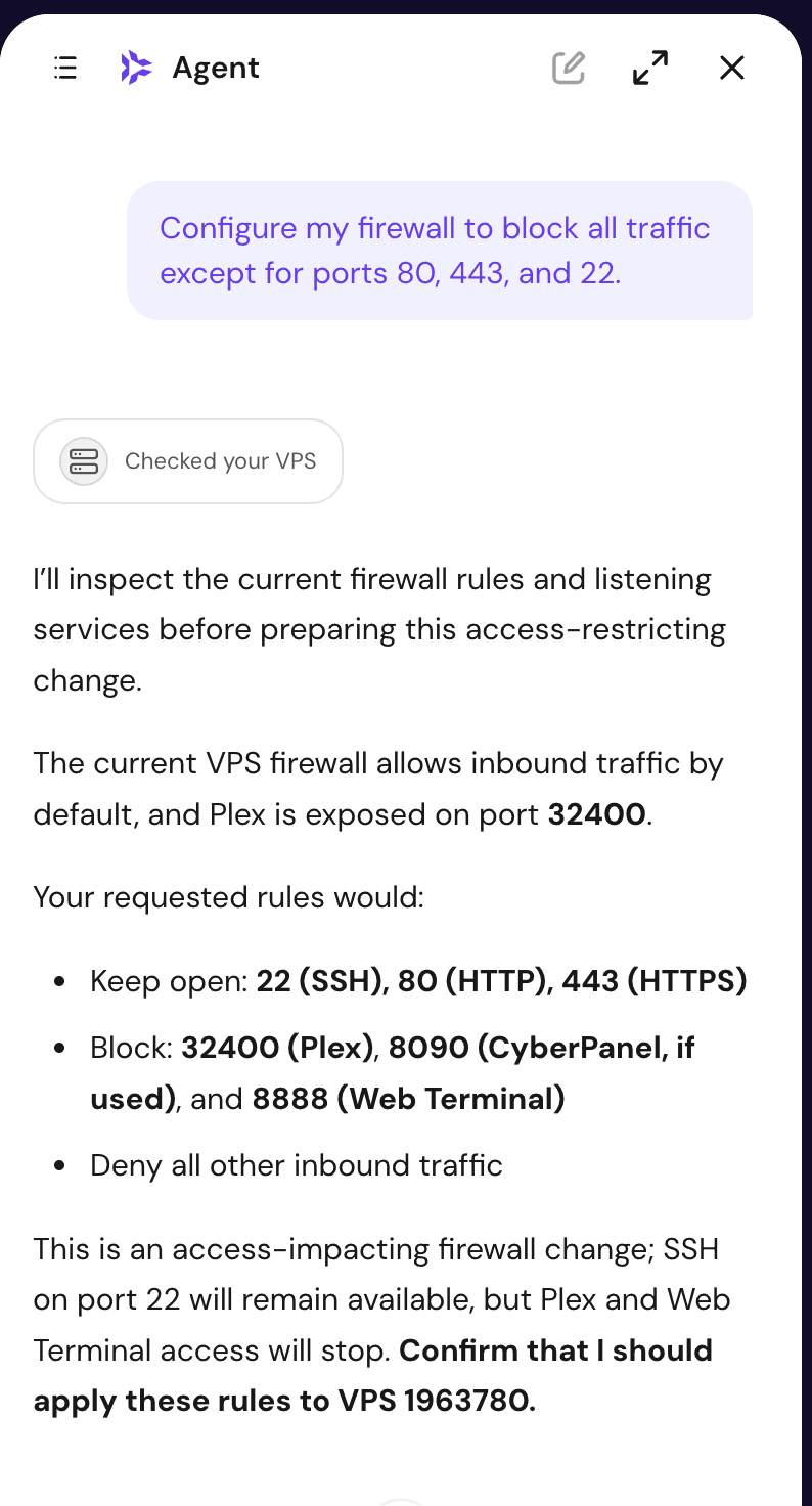 configure my firewall on the vps via ai